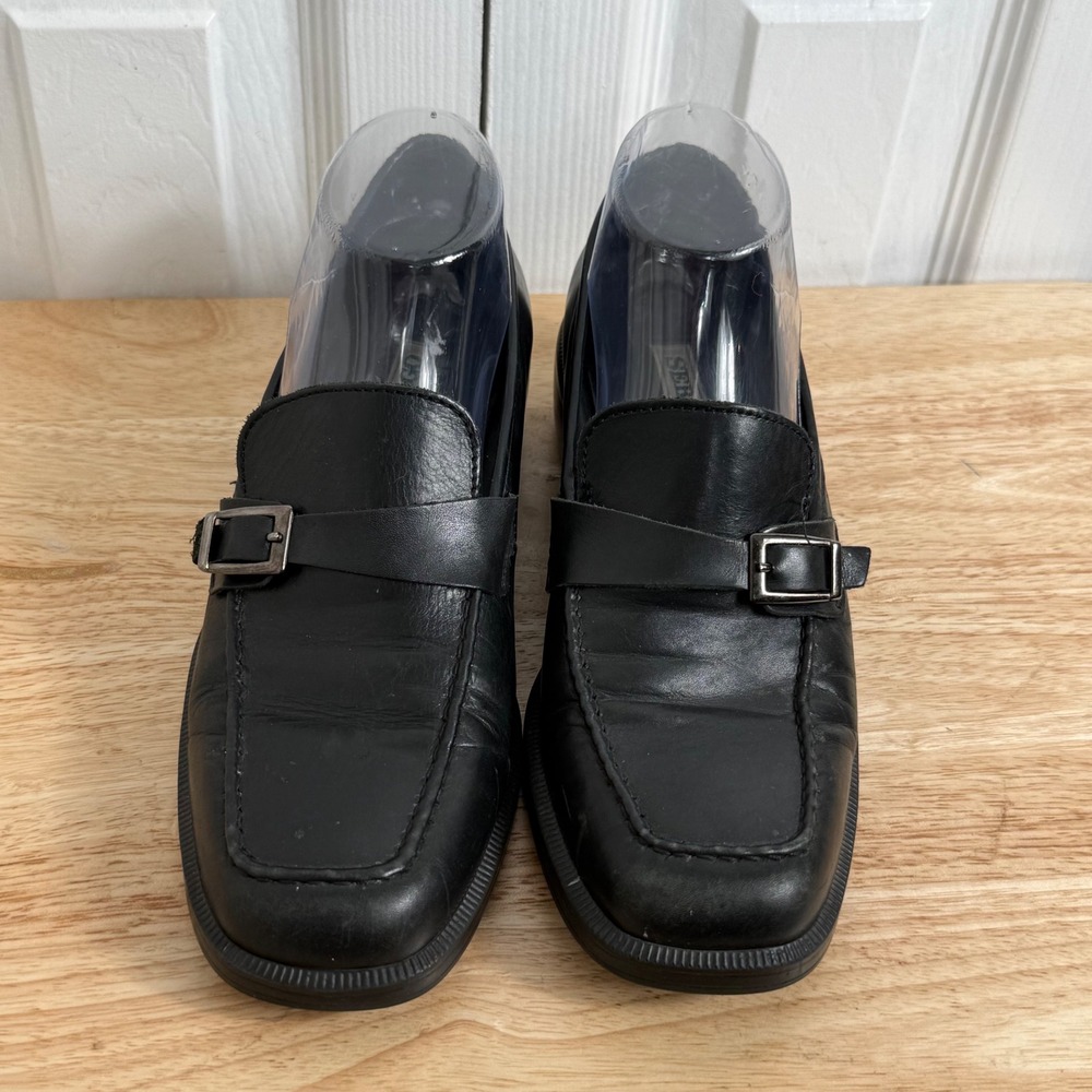 Sebago Leather Buckle Loafers USA 8 Black Square Toe Dark Academia Vintage 90s